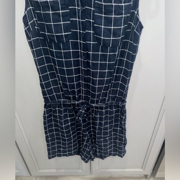 Ann Taylor Factory Linen navy windowpane plaid sleeveless romper size 10 - Picture 3 of 6